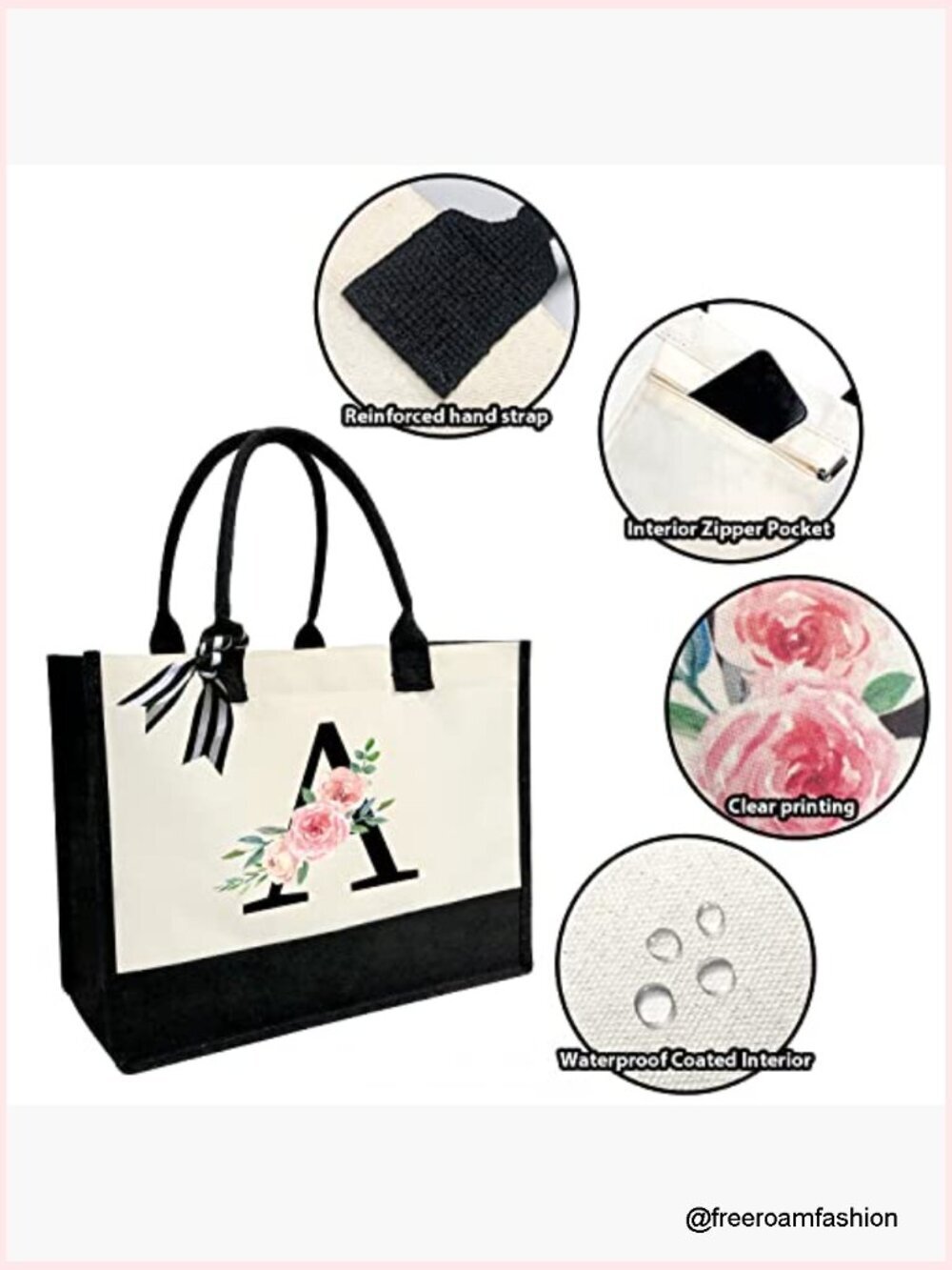Personalized Initial Canvas Tote Bag with Zipper Pocket for Travel & Beach - Picture 4 of 6